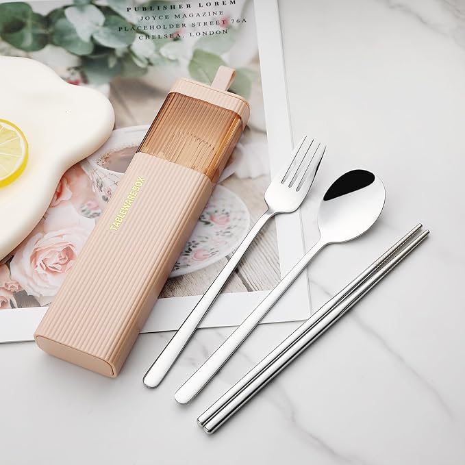 DEVICO Travel Utensils with Case, 18/8 Stainless Steel Reusable Silverware Set for Lunch Box, Portable Cutlery Set, Fork and Spoon Set for Camping, Lunch, Picnic, Workplace, School (Pink)