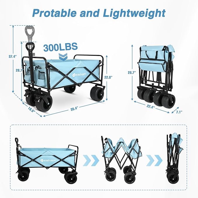 Yesker Foldable Wagon - 300lbs Collapsible Garden Carts with All Terrain Wheels for Outdoor Camping Sports Shopping Gardening - Heavy Duty Portable Utility Trolley (Blue)