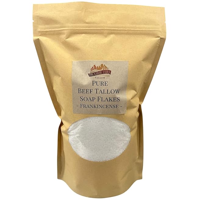Pure Beef Tallow Soap Flakes - Made in USA - Grass Fed and Finished - Face, Body and Hair - Cleans, Moisturizes, Soothes, and Hydrates. Natural and Organic Frankincense