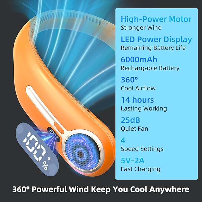Portable Neck Fan,Gift Ideas,Personal Wearable Bladeless Fan,360° Cooling,LED Display,4-Speeds,6000mAh Rechargeable,Powerful Wind,Outdoor Travel Camping,Birthday Gifts for Men Women Dad Mom (Orange)
