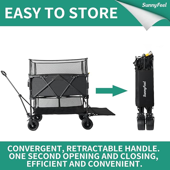 SUNNYFEEL 550L Large Capacity Folding Sports Wagon, 550LBS Heavy Duty Collapsible Cart,Extra High Extender Wagon Cart with Tailgate, All-Terrain Big Wheels for Camping Fishing & Outdoor Use，Black