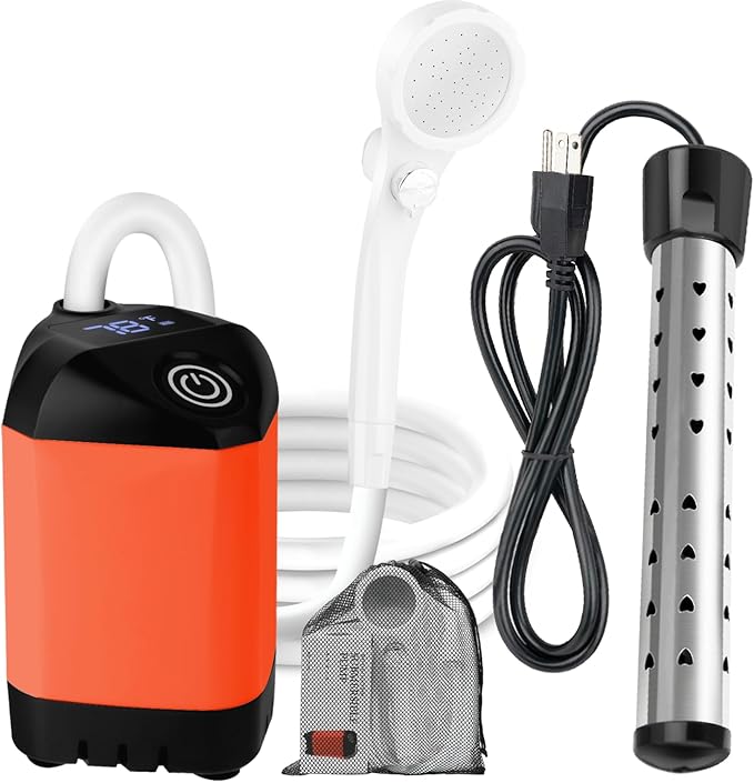 Portable Camping Shower with 2000W Heater, Long-Lasting 7800mAh Rechargeable Camping Shower with Digital Power,3 Spray Modes,IPX7 Waterproof Outdoor Camp Pump for Hiking, Travel, Car, Pet