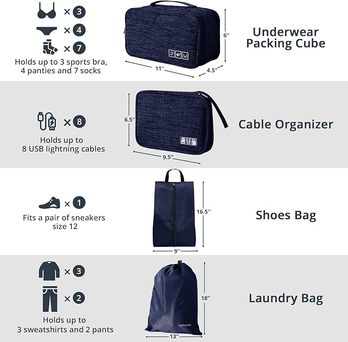 7 Set Compression Packing Cubes for Travel - Compressible, Lightweight, and Space-Saving Packing Cubes, Travel Essentials for Women, Navy