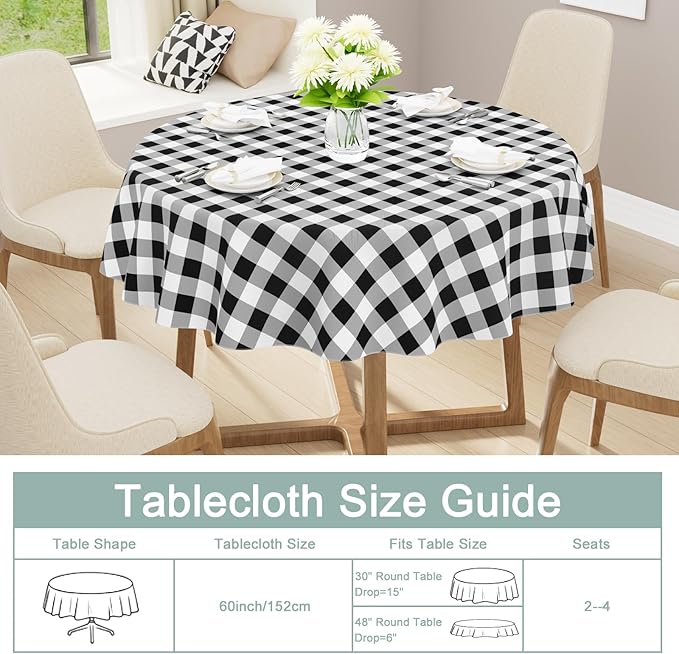 misaya Round Waterproof Vinyl Table Cloth, Buffalo Flannel Backed Tablecloth, Wipeable Plastic Table Cover for Dinner, Kitchen, Picnic (60", Black and White)