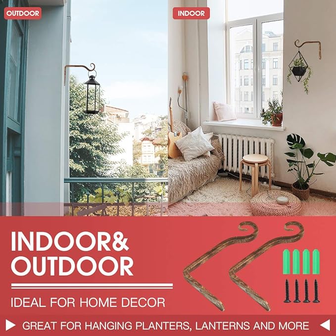 Jardim 2 Pack 6 Inch Premium Decorative Metal Iron Wall Hook, Indoor Outdoor Plant Hanger, Rustic Hanging Gardening Bracket Hook, for Planters, Bird Feeders, Lanterns, Wind Chimes (Coffee)