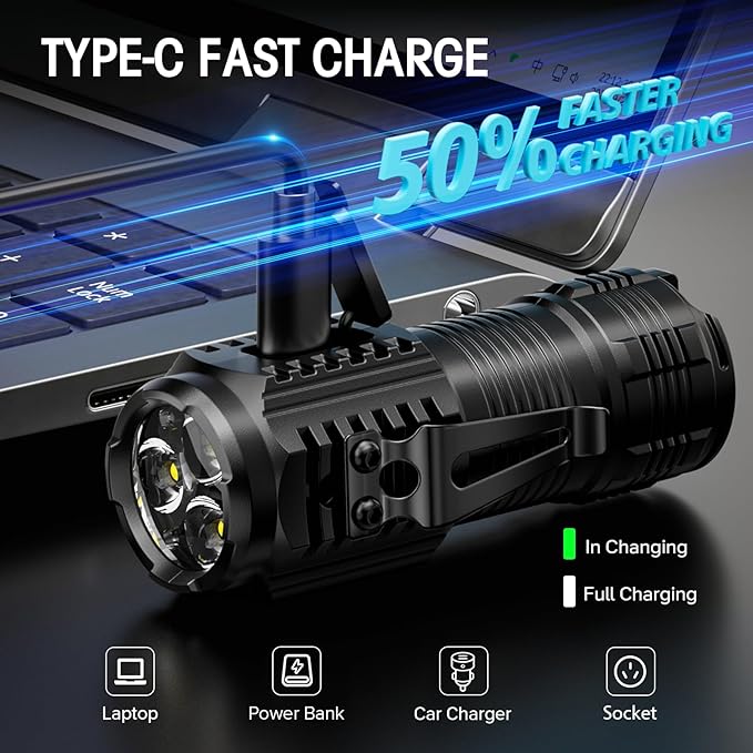 LETMY Rechargeable Mini Flashlights with Magnetic Base, 4 Pack Bright 3 LED Flash Lights, Small EDC Flashlight with Belt Clip, 4 Lighting Modes Portable Rechargeable Flashlights for Camping Home