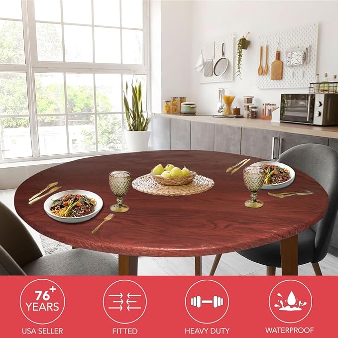 LAMINET Woodgrain Elastic Round Table Cover, Large, Mahogany Wood