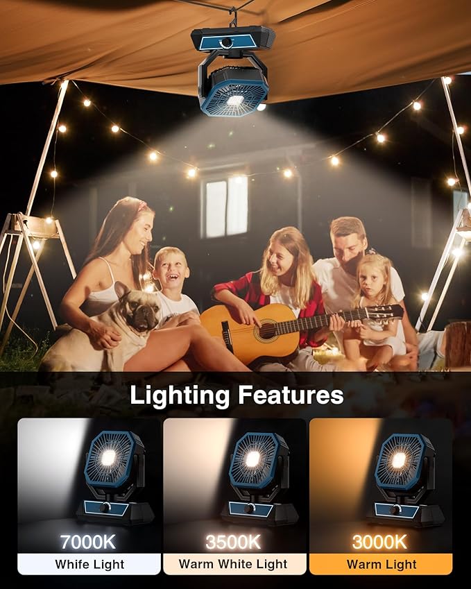 Portable Camping Fan with 20000mAh Rechargeable Battery, USB-C Battery Powered Fan for Indoor Outdoor Use, Ultra Quiet Battery Operated fan for Travel, Tent, Beach, Picnic, BBQ, Desk, Home