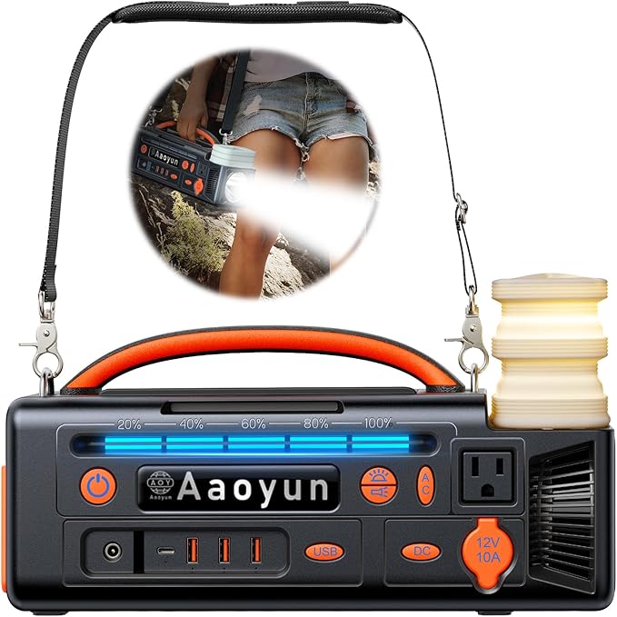 Portable Power Station 300W, 296Wh Solar Generator with 100W USB-C In/Output, Night Light & LED Flashlight, Compact Camping Battery with Strap for Outdoor CPAP Home Backup Emergency