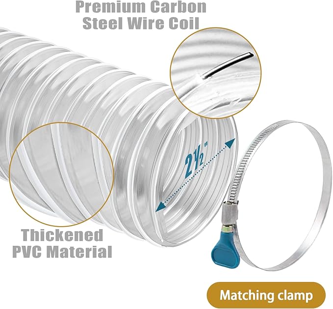 2 1/2" x 10' Flexible Clear PVC Dust Collection Hose - Puncture Resistant with Carbon Steel Wire Coil for Dust Collectors with 2 1/2" Ports