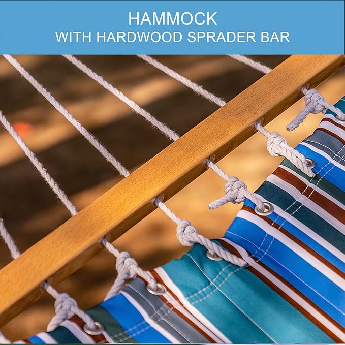 Lazy Daze Hammocks 12 FT Quilted Fabric Double Hammock with Spreader Bars and Detachable Pillow, 450 LBS Weight Capacity, Peacock Green Stripe