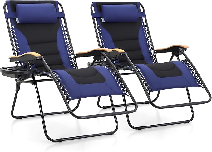 MFSTUDIO Zero Gravity Chairs Set of 2, XL Oversized Outdoor Anti Gravity Chair, Patio Lounge Folding Adjustable Chair with Cup Holder & Padded Headrest, Support 400lbs,Navy Blue