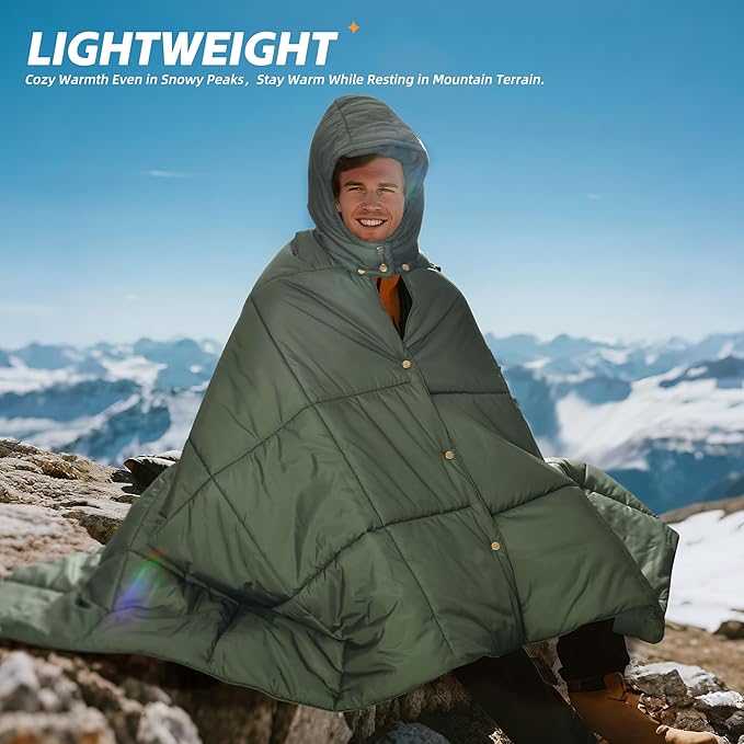 Puffy Camping Blanket with Detachable Hooded Snap-Poncho Waterproof Double-Sided Printed Reversible for Travel, Hike Cold Weather, Army