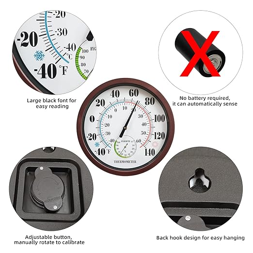 Indoor Outdoor Thermometer Large Numbers 12 Inch Wall Weather Thermometer Hanging Garden Decor Hygrometer No Battery Needed (Brown)