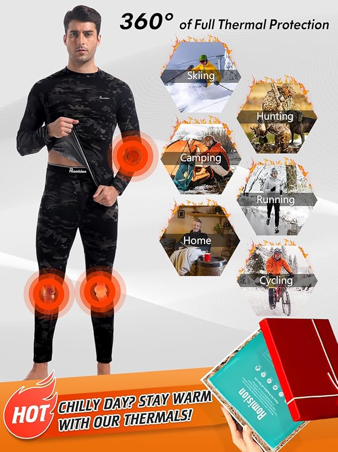 romision Thermal Underwear for Men Long Johns Fleece Lined Hunting Gear Bottom Top Set Base Layer for Cold Weather Gift