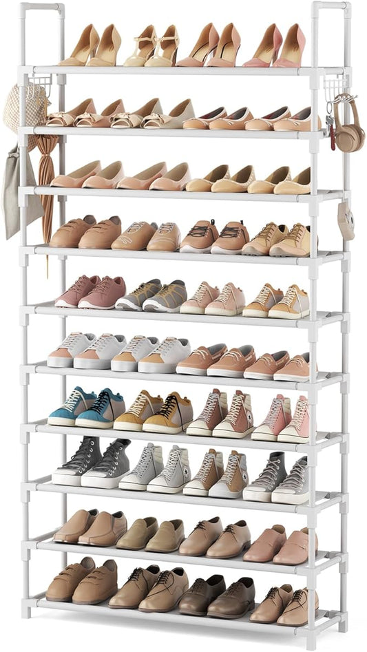 VTRIN 10 Tiers Shoe Rack Tall Large Capacity 50 Pairs Wide Shoe Organizer Sturdy Shoe Shelf for Entryway with Two Hooks Metal Shoe Storage for Closet, Bedroom, White, XJ-113