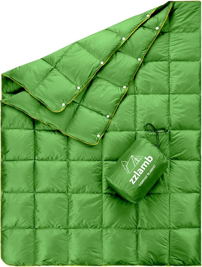 zzlamb Puffy Down Camping Blanket Water-Repellent, Down Throw Travel Blanket Portable for Outdoor, Light Warm Quilt for Couch Plane Car Theater Stadium Picnic RV Backpacking Hammock
