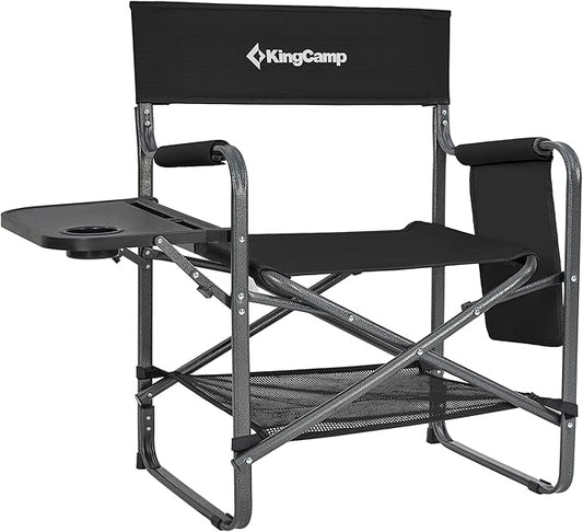 KingCamp Premium Extra Heavy Duty Wide Camping Directors Chairs Supports 300lbs for Adults, Padded Folding Portable Camping Chair with Side Table Storage Pockets Carry Straps, Black