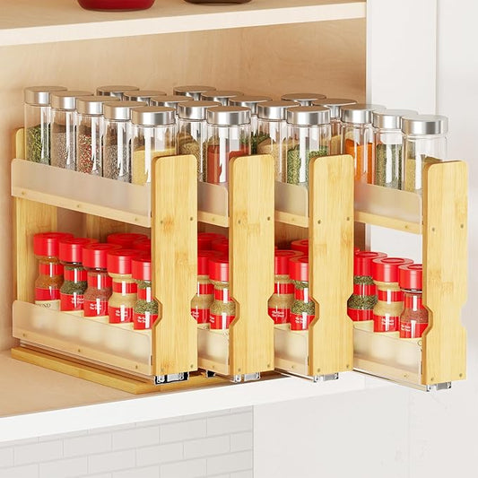SpaceAid Bamboo Pull Out Spice Rack Organizer for Cabinet, Heavy Duty Slide Out Seasoning Kitchen Pantry Sliding Vertical Organization, 10.1" Wide, 4 Drawers(2" Wide), 2-Tier, Natural