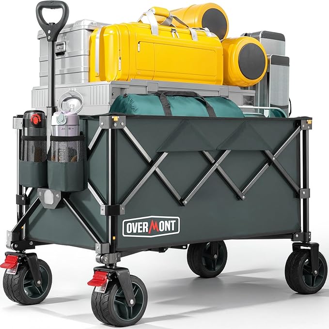 Overmont Ultra-Compact Collapsible Wagon Cart - 200L Portable Folding Wagon with All-Terrain Wheels Utility for Beach, Grocery Shopping, Camping, and Gardening – 330lbs Load Capacity Grey