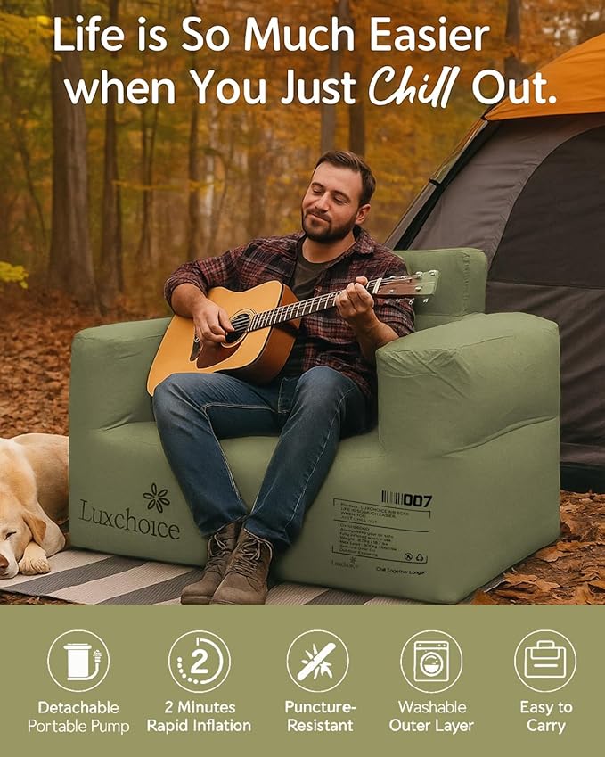 Inflatable Couch with Built-in Pump Durable Blow Up Sofa Chair Portable Camping Couch Waterproof Inflatable Furniture for Outdoor Beach Home Festivals Backyard Party