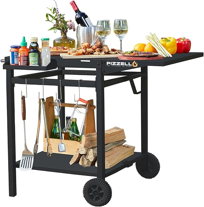 Outdoor Grill Table Cart 35" x 22" Movable Pizza Oven Stand Foldable Double-Shelf Grill Cart Food Prep Trolley Dining Cart Fit for Ooni Ninja Woodfire Blackstone Pizza Oven