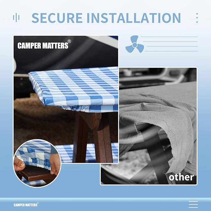 Picnic Table Cover and Bench Covers, Fitted Tablecloth Cover with Elastic Edge, Water and Oil Proof, for Outdoor, Garden, Camping, 96x30 Inch, 3 Pieces Set, Blue & White