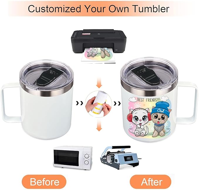 Volhoply 14oz sublimation Insulated Stainless Steel Coffee Mug with Lid Bulk 4 Pack,Double Wall Vacuum Travel Coffee Cup with Handle,Reusable Metal Cups Tumbler,Camping Mugs Keep Hot(Sublimation,4)