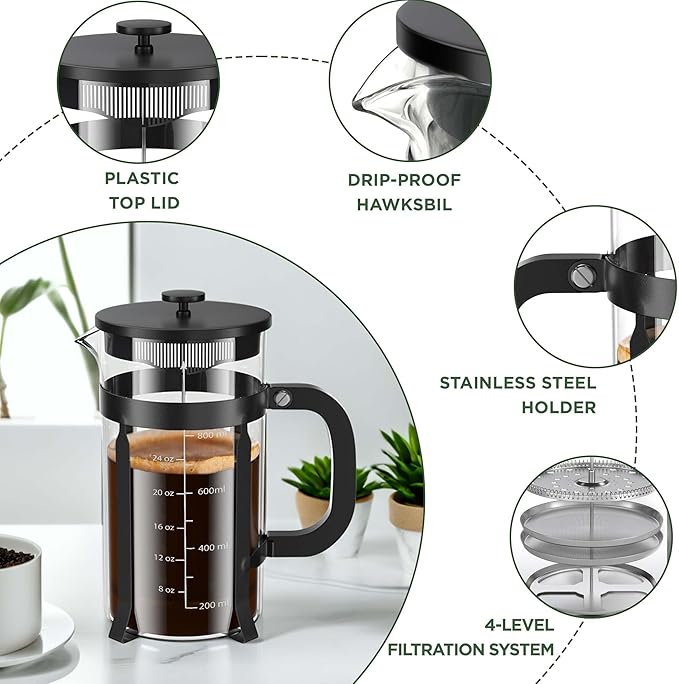 French Press Coffee Maker, 34 Ounce 1 Liter, Stainless Steel, Cold Brew Heat Resistant Borosilicate Glass Espresso Coffee & Tea Maker with 4 Filter