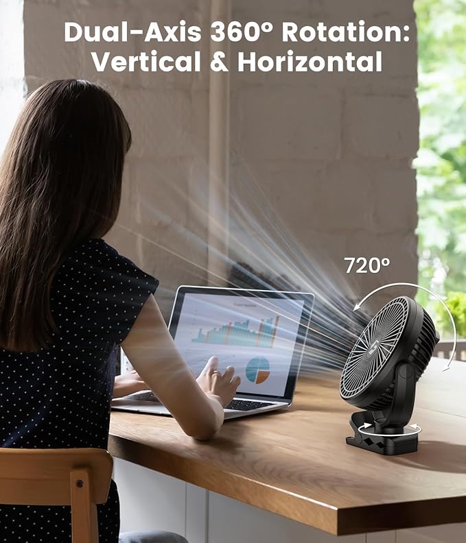 24000mAh Clip on Fan for Golf Cart - 8-inch Portable Rechargeable Fans - Max Up to 150Hrs Work Time - Battery Operated Fan with LED, Remote, Timers, Hook for Office, Desk, Camping, Tent, Treadmill