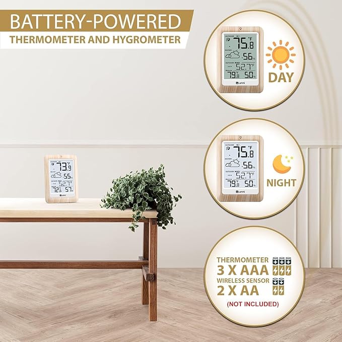 Indoor Outdoor Thermometer Wireless Weather Station, Temperature Humidity Monitor Battery Powered Inside Outside Thermometers with 330ft Range Remote Sensor and Backlight Display（Wood）