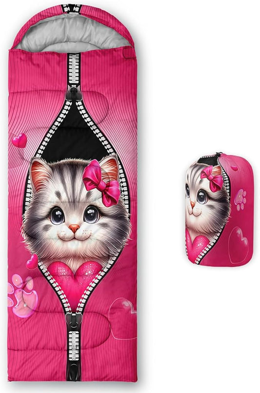 AILONEN Pink Lovely Rabbit Sleeping Bag for Girls Kids Adults,Warm and Cool Weather,Lightweight,Waterproof Backpacking,Cartoon Flowers Printed Bunny Sleeping Bag for Camping