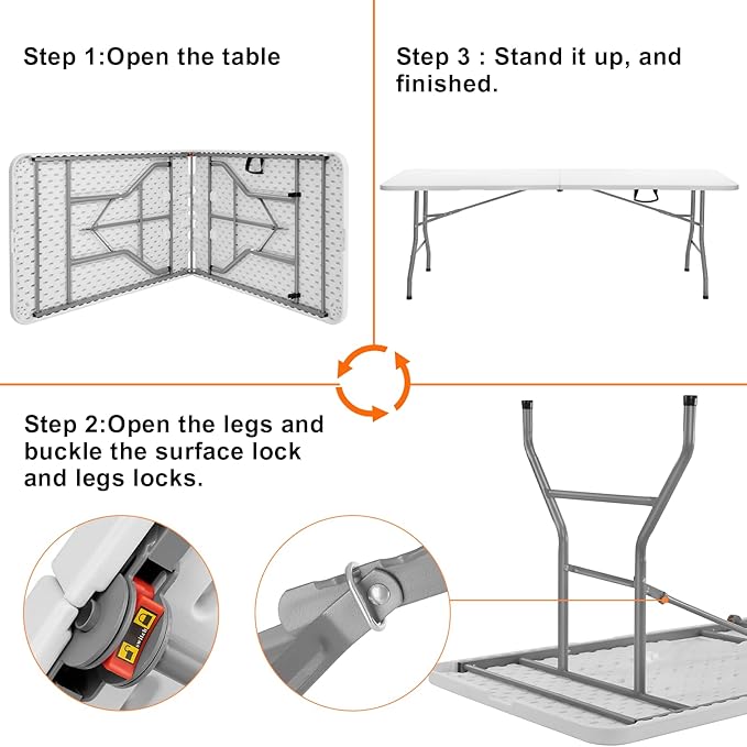 SKOK Folding Picnic Table 8 Foot, 8FT Long Plastic Picnic Table Portable with Carry Handle, White Tailgating Utility Commercial Craft Table with Heavy Duty Frame for Party & Events，330lbs