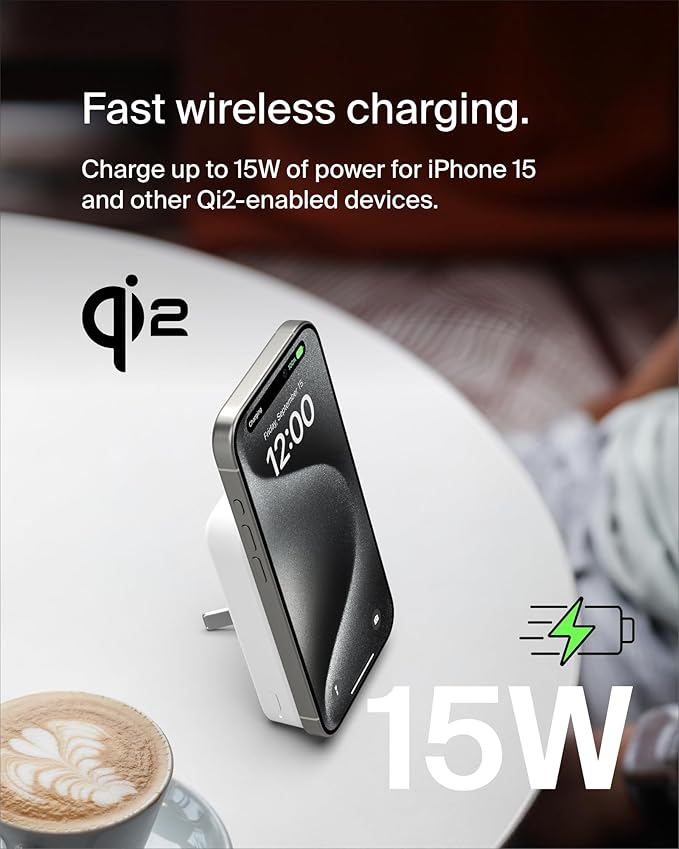 Belkin Portable Charger, Power Bank 10000 mAh w/ Qi2, iPhone Charger - MagSafe Charger w/Built-in Pop-up Kickstand for iPhone 17, Air, Pro, Pro Max, Google Pixel 10, etc. - White