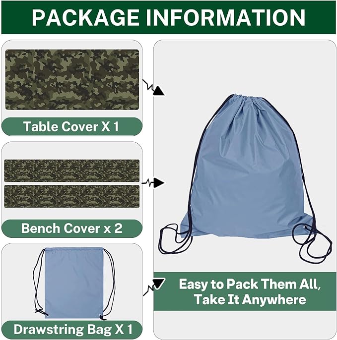 Picnic Table Cover with Bench Covers Elastic Edges, Camouflage Camper Fitted Table Cover, Outdoor Camping Essentials 72 Inch 3PCS, Waterproof Camping Fitted Tablecloth with Drawstring Bag