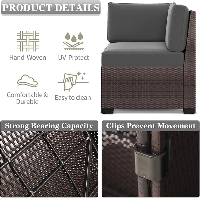 LayinSun 7 Pieces Outdoor Patio Furniture Set with 44" Fire Pit Table Brown Rattan Sectional Sofa Conversation Sets