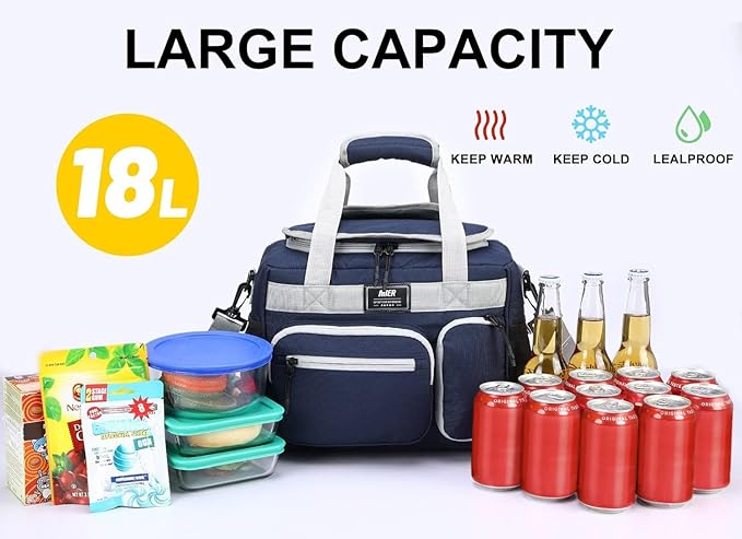MIER Large Lunch Box for Men Women Adult Insulated Soft Sided Cooler 30 Can Leakproof Lunch Bag Collapsible for Work Travel Camping Beach, 18L (Blue-No Luggage Strap)