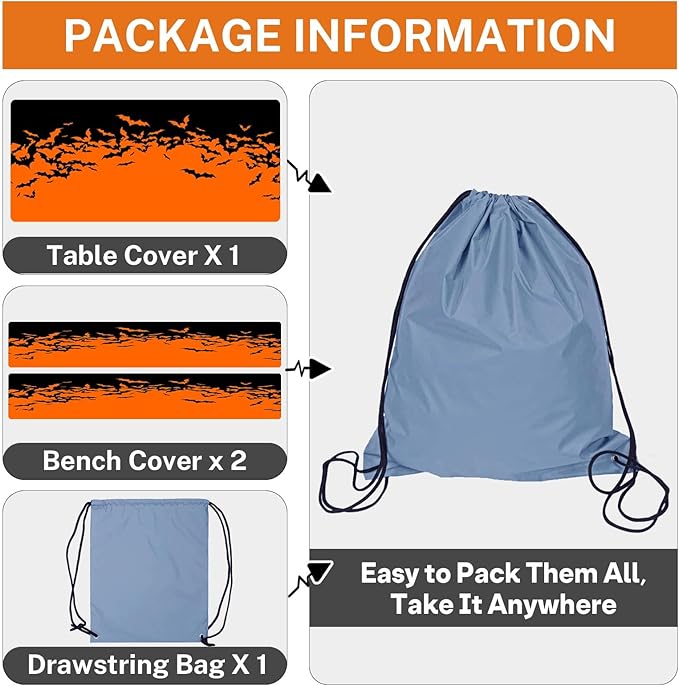 Picnic Table Cover with Bench Covers Elastic Edges, Horror Halloween Fitted Table Cover, Outdoor Camping Essentials 72 Inch 3PCS, Waterproof Camping Fitted Tablecloth with Drawstring Bag