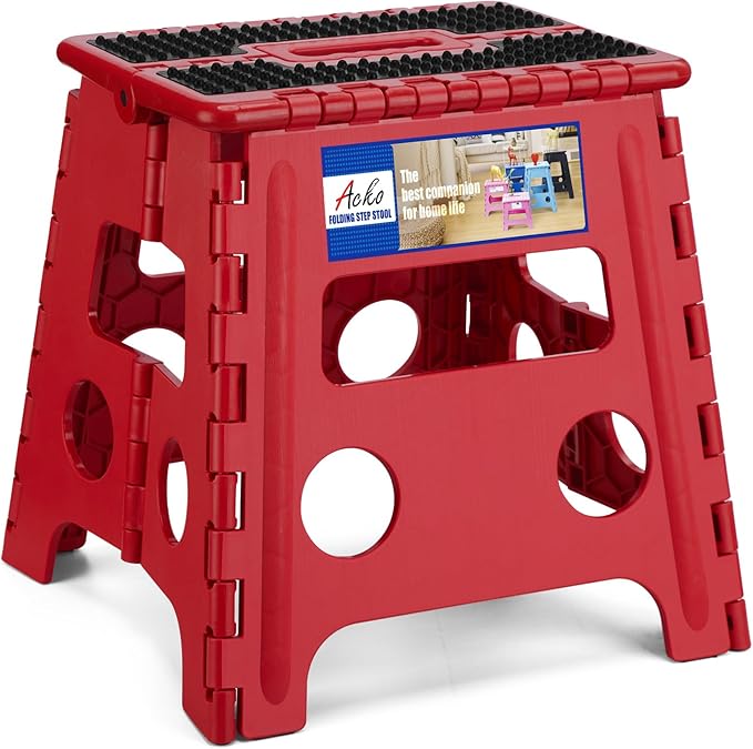 ACKO Folding Step Stool - 13" Height Premium Heavy Duty Foldable Stool for Kids and Adults, Kitchen Garden Bathroom Stepping Stool (1 Pack) Dot Red