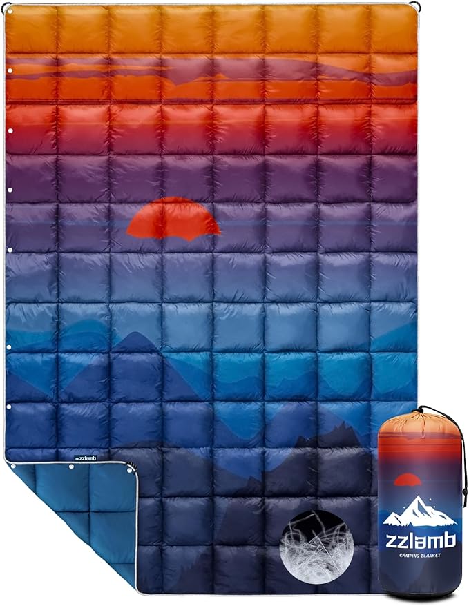 zzlamb Puffy Down Camping Blanket Water-Repellent, Down Throw Travel Blanket Portable for Outdoor, Light Warm Quilt for Couch Plane Car Theater Stadium Picnic RV Backpacking Hammock