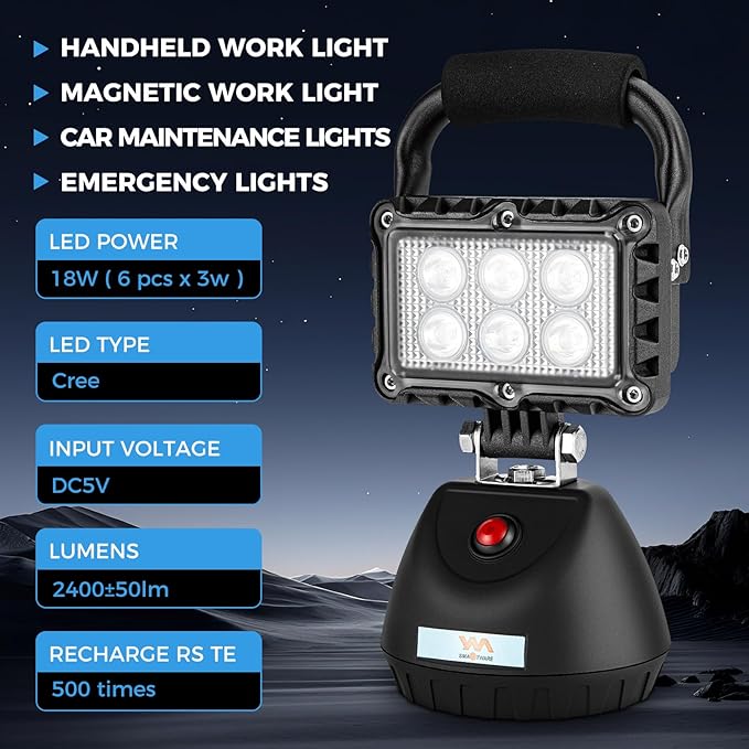 LED 18W Work Light 2400LM Aluminum Alloy Strong Magnetic Waterproof Dustproof Portable Handle Floodlight Suitable for Repair Workshop Garage Construction Site (Blue)