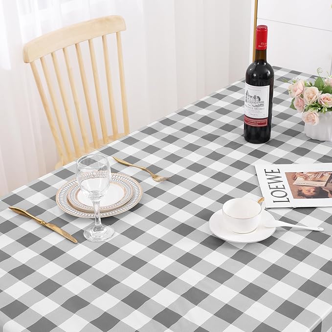 misaya Rectangle Waterproof Vinyl Table Cloth, Buffalo Flannel Backed Tablecloth, Wipeable Plastic Table Cover for Dinner, Kitchen, Outdoor (60" x 102", Grey and White)