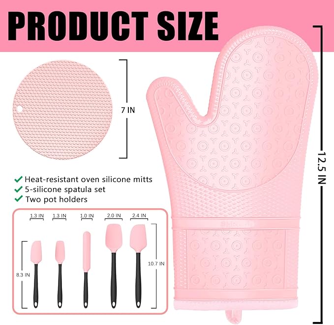 Oven Mitts with Heat-Resistant Hot Pads and Five Silicone Spatulas Designed for Kitchen Baking Cooking, Oven Glove Soft Cotton Lining, Waterproof, BPA-Free (Pink, 12.6)