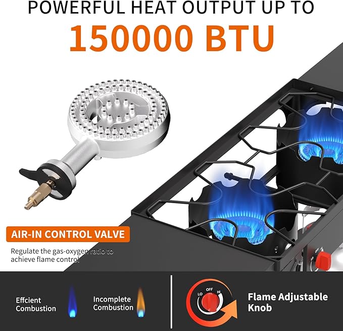 SKOK 2 Burners Portable Propane Stove with Side Shelves & Wind Panel,Portable Camping Stove with 150,000 High Efficiency Propane Burner,Outdoor Stove for Camping, Backyard, Picnic