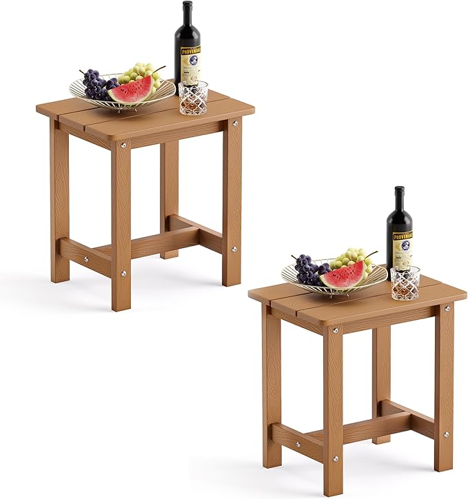 LUE BONA Outdoor Side Table Set of 2, HDPS Small Outdoor Table, Adirondack Side Table, Outside End Table for Patio, Porch, Deck, Weather Resistant/Easy Maintenance/Indoor or Outdoor Use, Teak Color