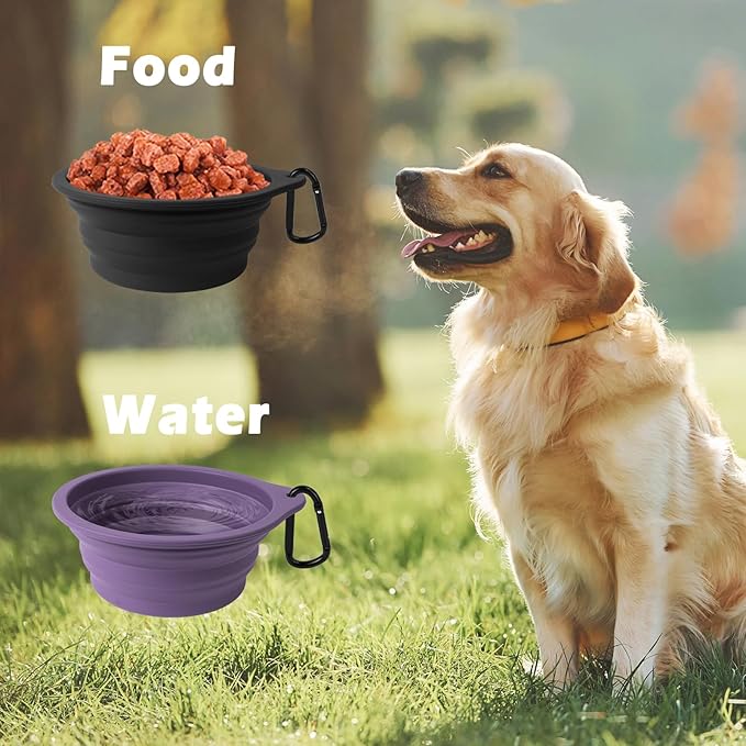 PetBonus 2-Pack Large Silicone Collapsible Dog Bowls, 34oz/1000ml BPA Free Portable Foldable Travel Bowl for Pet Cat, Food Water Feeding Dish for Camping with 2 Carabiners (Black, Dark Purple)