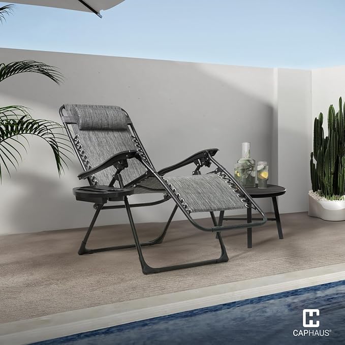 CAPHAUS Grey Zero Gravity Chair, Zero Gravity Recliner, Zero Gravity Lounge Chair, Reclining Outdoor Chair, Anti-Gravity Chair for Indoor & Outdoor, Folding Reclining Chair w/Side Tray, Grey
