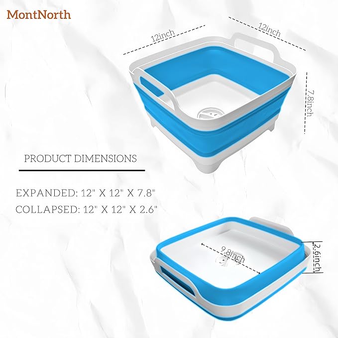 Collapsible Wash Basin 9L, Foldable Dish Tub with Drain Plug, Portable Collapsible Dish Basin, Camping Sink for Washing Dishes, Laundry & Kitchen Use (Blue)