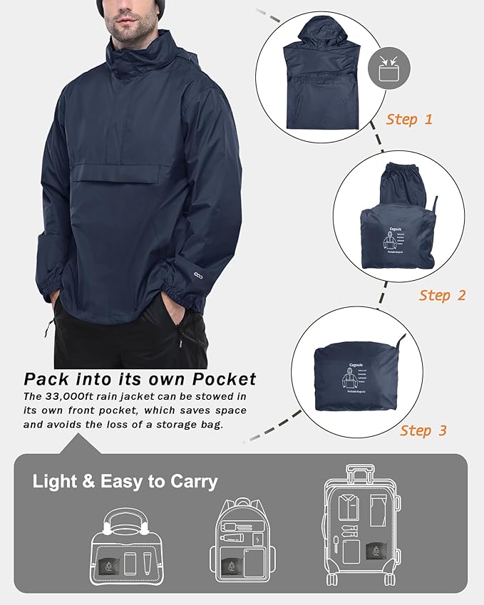 33,000ft Men's Pullover Rain Jacket Waterproof with Hood Lightweight Packable Raincoat Windbreaker for Golf Travel