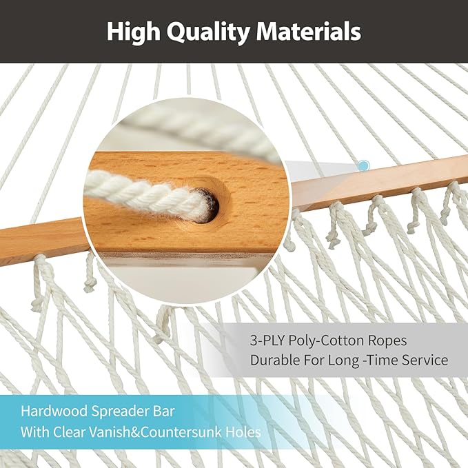 Outdoor Double Hammock with Hardwood Spreader Bars, Large Rope Hammock with Polyester Pad and Pillow, 475 LBS Capacity for 2 Person Patio Backyard Poolside - Bule Stripe